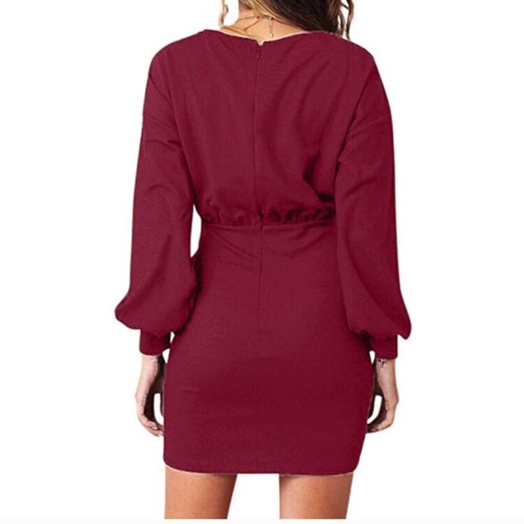 Wine red Long Sleeve Mini Dress - Picture 2 of 5